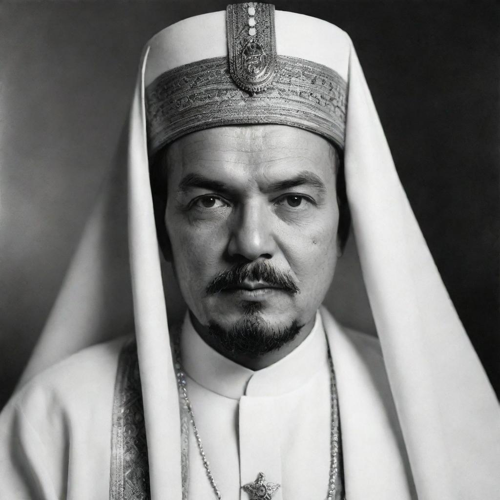 A high-quality, black and white image of Vladimir Lenin portrayed as an Arabian Sheikh, adorned in traditional attire.