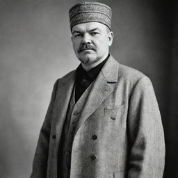 High-quality, black and white visualization of Vladimir Lenin dressed in traditional Iraqi attire.