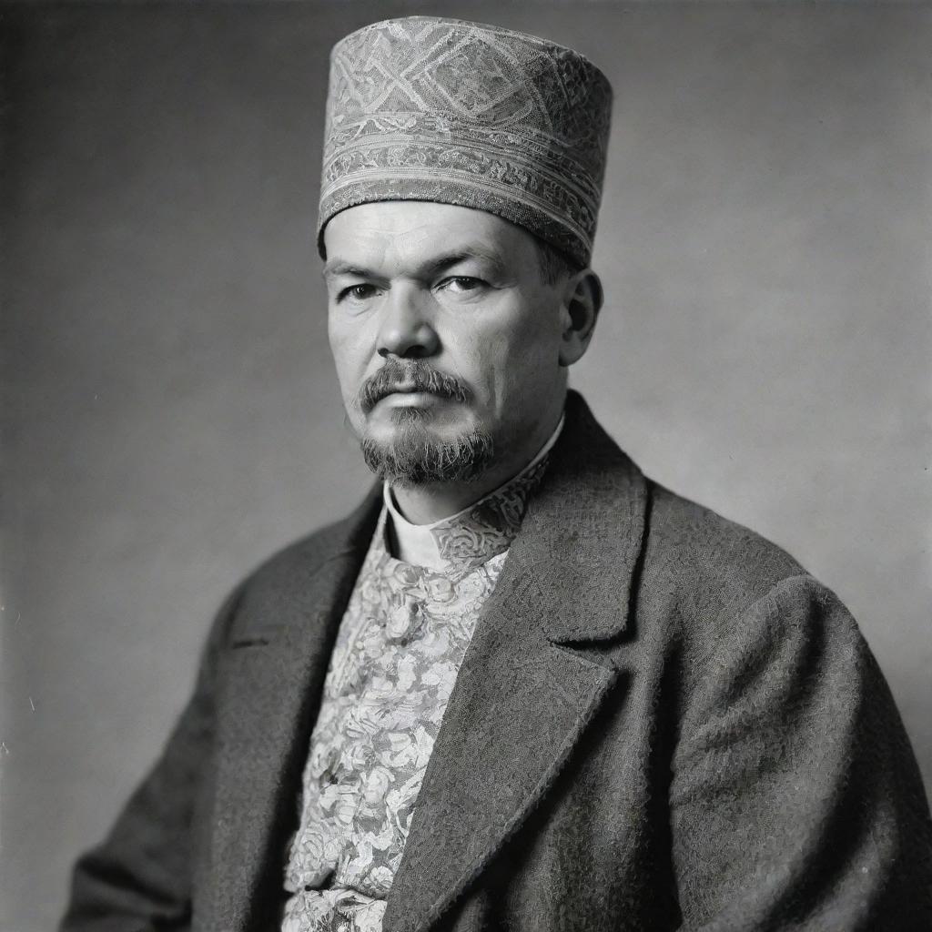 High-quality, black and white visualization of Vladimir Lenin dressed in traditional Iraqi attire.