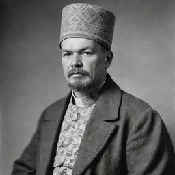 High-quality, black and white visualization of Vladimir Lenin dressed in traditional Iraqi attire.