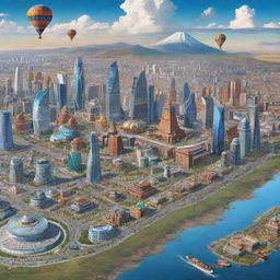 Imaginative depiction of Mongolia as the world's most powerful nation, showcasing futuristic cities, advanced technologies, a prosperous society, and national symbols