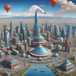 Imaginative depiction of Mongolia as the world's most powerful nation, showcasing futuristic cities, advanced technologies, a prosperous society, and national symbols