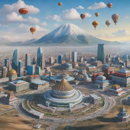 Imaginative depiction of Mongolia as the world's most powerful nation, showcasing futuristic cities, advanced technologies, a prosperous society, and national symbols