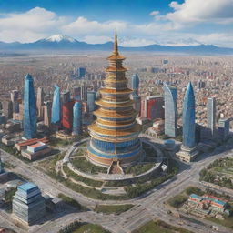 Imaginative depiction of Mongolia as the world's most powerful nation, showcasing futuristic cities, advanced technologies, a prosperous society, and national symbols