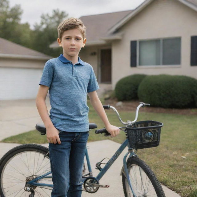 A realistic image of a young boy with his bicycle, standing in front of a suburban home