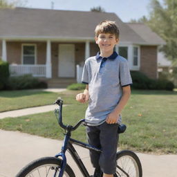 A realistic image of a young boy with his bicycle, standing in front of a suburban home