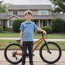 A realistic image of a young boy with his bicycle, standing in front of a suburban home