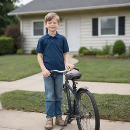 A realistic image of a young boy with his bicycle, standing in front of a suburban home