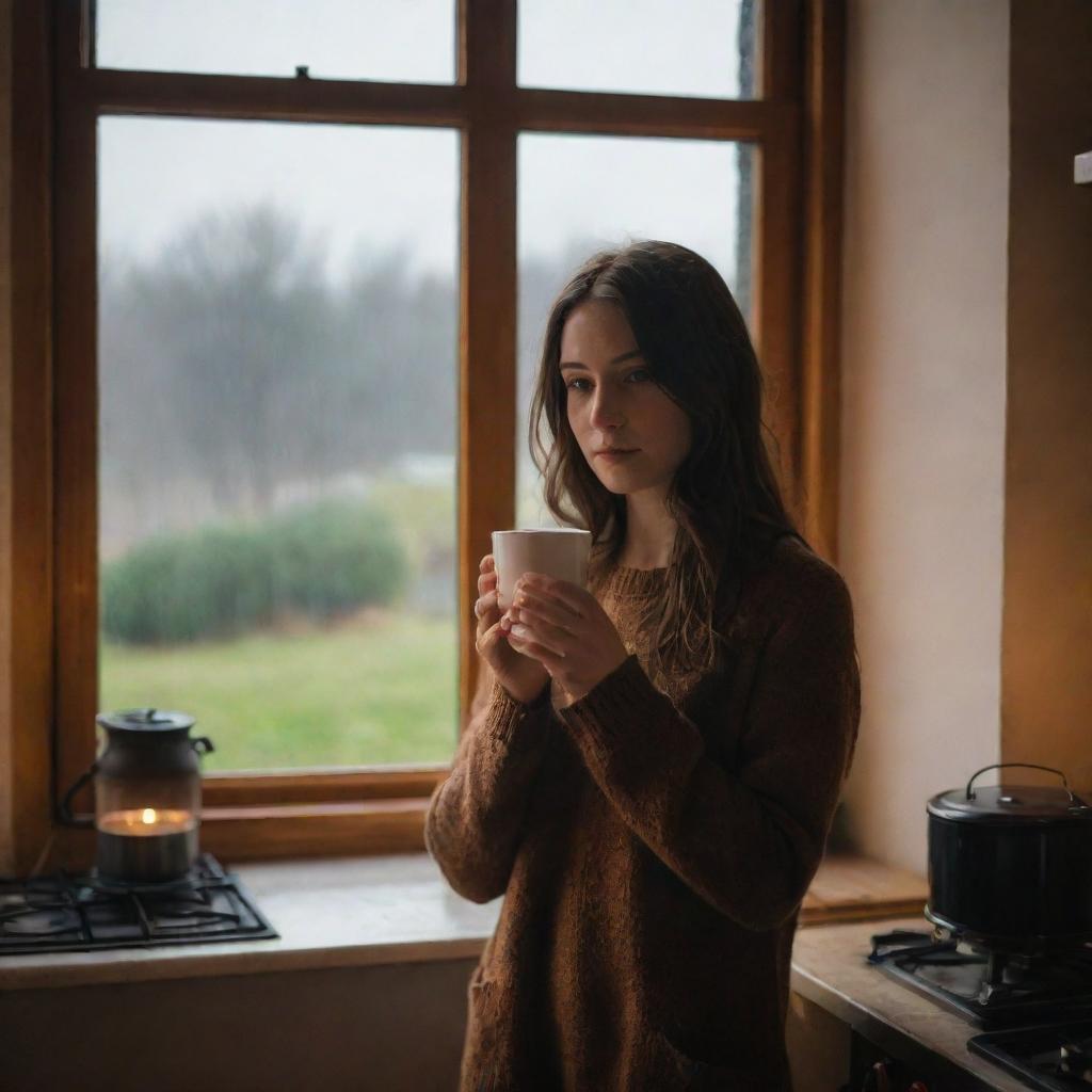 A brunette girl holding a cup of tea in front of a stove, the warm glow diffusing around the room, as rain patters against the window in the background