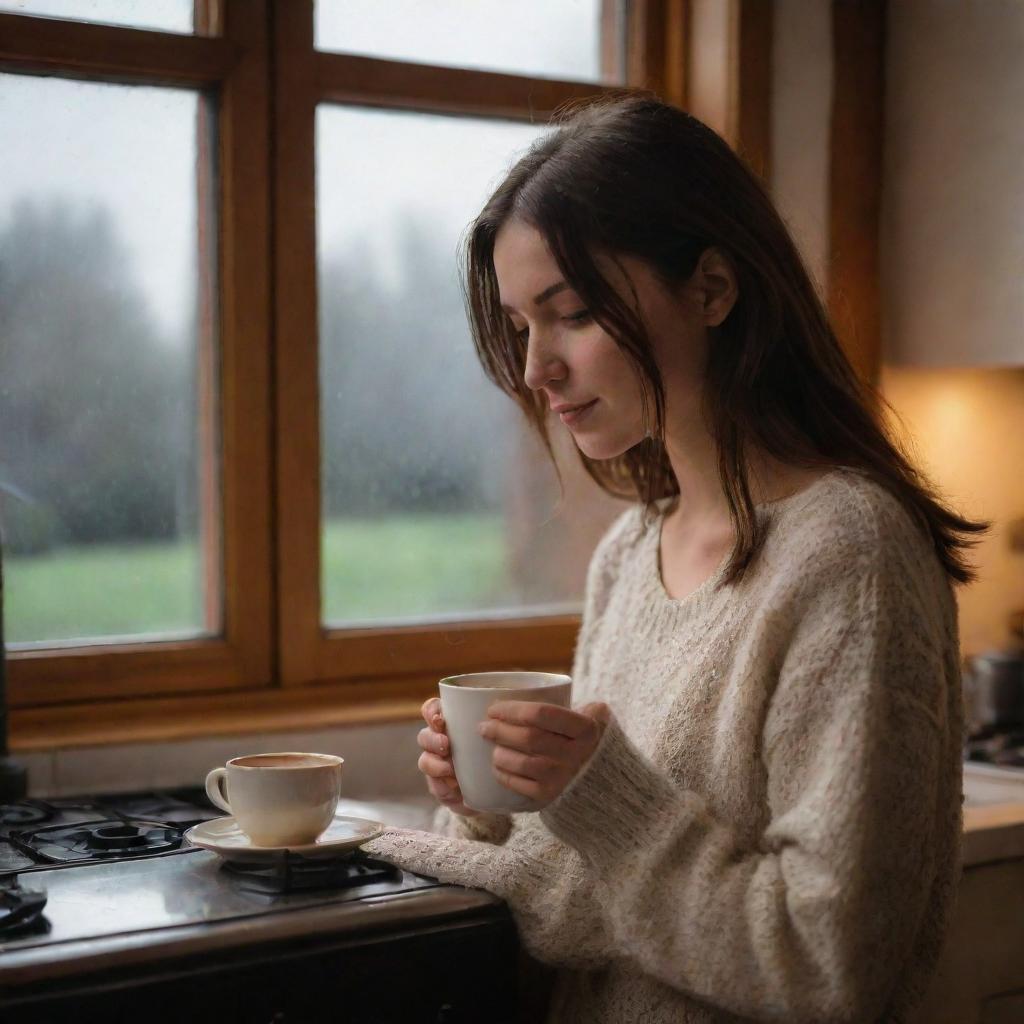 A brunette girl holding a cup of tea in front of a stove, the warm glow diffusing around the room, as rain patters against the window in the background