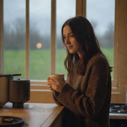 A brunette girl holding a cup of tea in front of a stove, the warm glow diffusing around the room, as rain patters against the window in the background