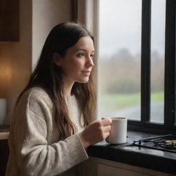 A brunette girl holding a cup of tea in front of a stove, the warm glow diffusing around the room, as rain patters against the window in the background