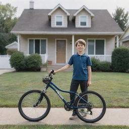 A AI-generated image of a boy with his bicycle standing in front of a suburban home