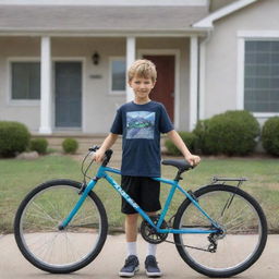 A AI-generated image of a boy with his bicycle standing in front of a suburban home