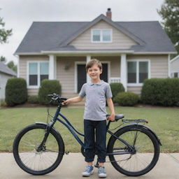 A AI-generated image of a boy with his bicycle standing in front of a suburban home