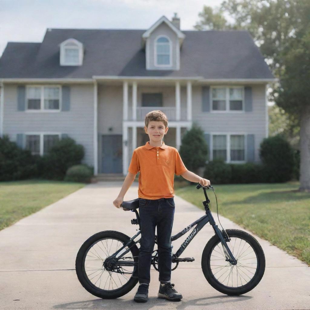 A AI-generated image of a boy with his bicycle standing in front of a suburban home