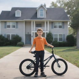 A AI-generated image of a boy with his bicycle standing in front of a suburban home