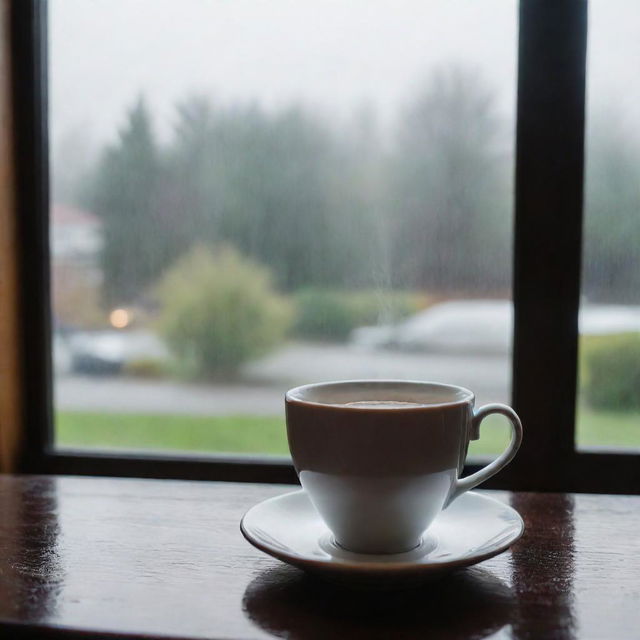 A steaming cup of tea against the backdrop of a window showing a rainy day outside