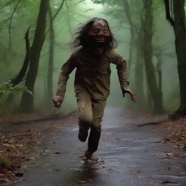 The character in the horror movie found herself running in a hurry to escape from the terrifying creature.