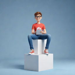 Create a 3D animated character in casual attire, sitting nonchalantly atop the logo of the specified social media platform.