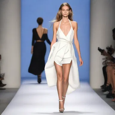Fashionably late, the runway model hurried down the catwalk, showcasing the latest designer collection.