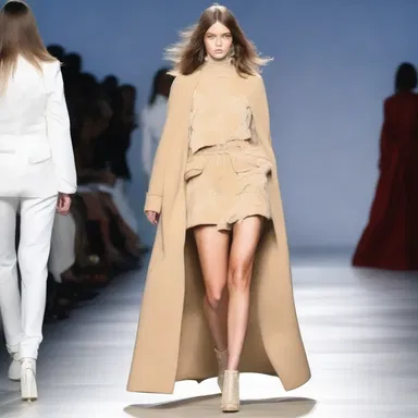 Fashionably late, the runway model hurried down the catwalk, showcasing the latest designer collection.
