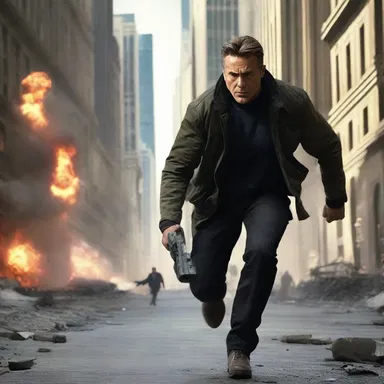 The hero hurries to defuse the bomb and save the city in the thrilling action movie.