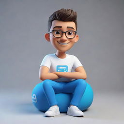 Create a 3D animated character in casual attire, sitting nonchalantly atop the logo of the specified social media platform.