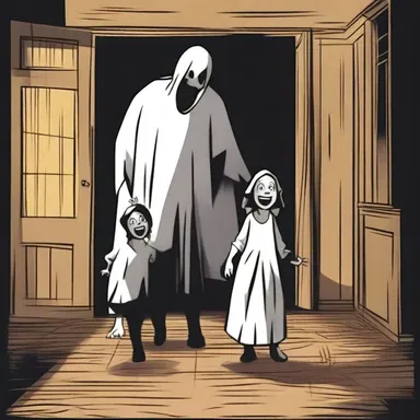In the spooky haunted house, the terrified family hurries to escape before the ghostly presence catches up with them.