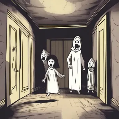 In the spooky haunted house, the terrified family hurries to escape before the ghostly presence catches up with them.