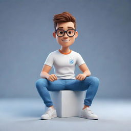 Create a 3D animated character in casual attire, sitting nonchalantly atop the logo of the specified social media platform.