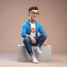 Create a 3D animated character in casual attire, sitting nonchalantly atop the logo of the specified social media platform.