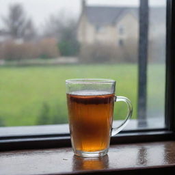 A clear glass filled with hot tea placed near a window showing a rainy day outside