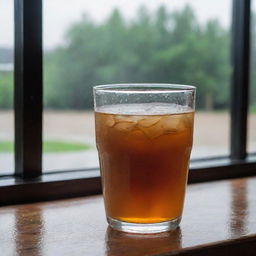 A clear glass filled with hot tea placed near a window showing a rainy day outside