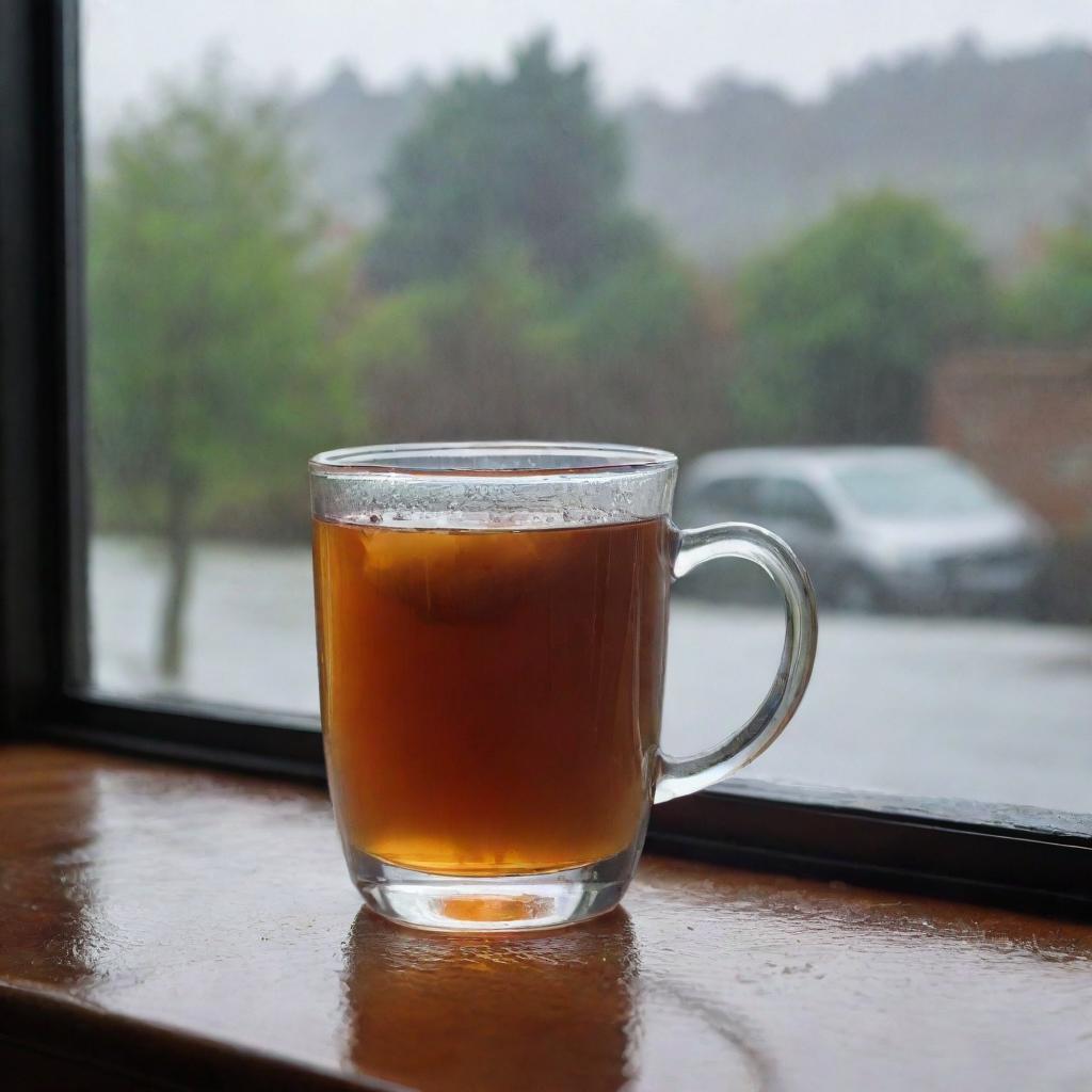 A clear glass filled with hot tea placed near a window showing a rainy day outside