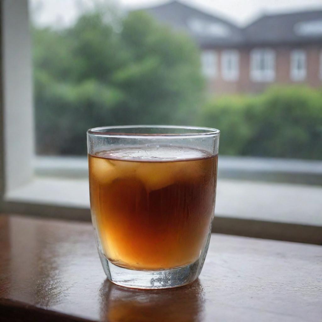 A clear glass filled with hot tea placed near a window showing a rainy day outside