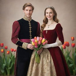 Medieval prince and princess, elegantly dressed, lovingly holding a vibrant bouquet of tulips together