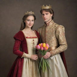 Medieval prince and princess, elegantly dressed, lovingly holding a vibrant bouquet of tulips together