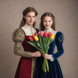 Medieval prince and princess, elegantly dressed, lovingly holding a vibrant bouquet of tulips together