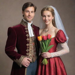 Medieval prince and princess, elegantly dressed, lovingly holding a vibrant bouquet of tulips together