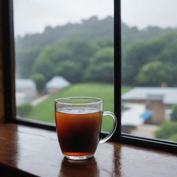 A clear glass filled with dark black tea, set against a window with a view of a rain-soaked day outside