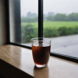 A clear glass filled with dark black tea, set against a window with a view of a rain-soaked day outside