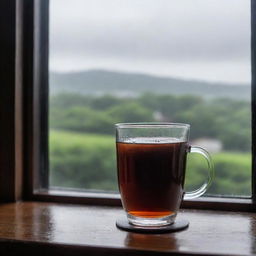 A clear glass filled with dark black tea, set against a window with a view of a rain-soaked day outside