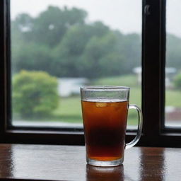 A clear glass filled with dark black tea, set against a window with a view of a rain-soaked day outside