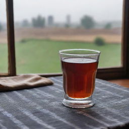 A classic photograph of a clear glass filled with black tea, placed on a traditional Kurdish tablecloth with a background of a rainy day seen through the window