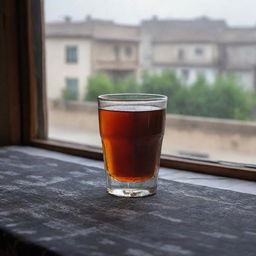 A classic photograph of a clear glass filled with black tea, placed on a traditional Kurdish tablecloth with a background of a rainy day seen through the window