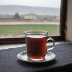 A classic photograph of a clear glass filled with black tea, placed on a traditional Kurdish tablecloth with a background of a rainy day seen through the window