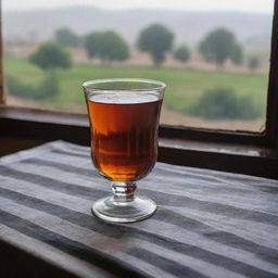 A classic photograph of a clear glass filled with black tea, placed on a traditional Kurdish tablecloth with a background of a rainy day seen through the window