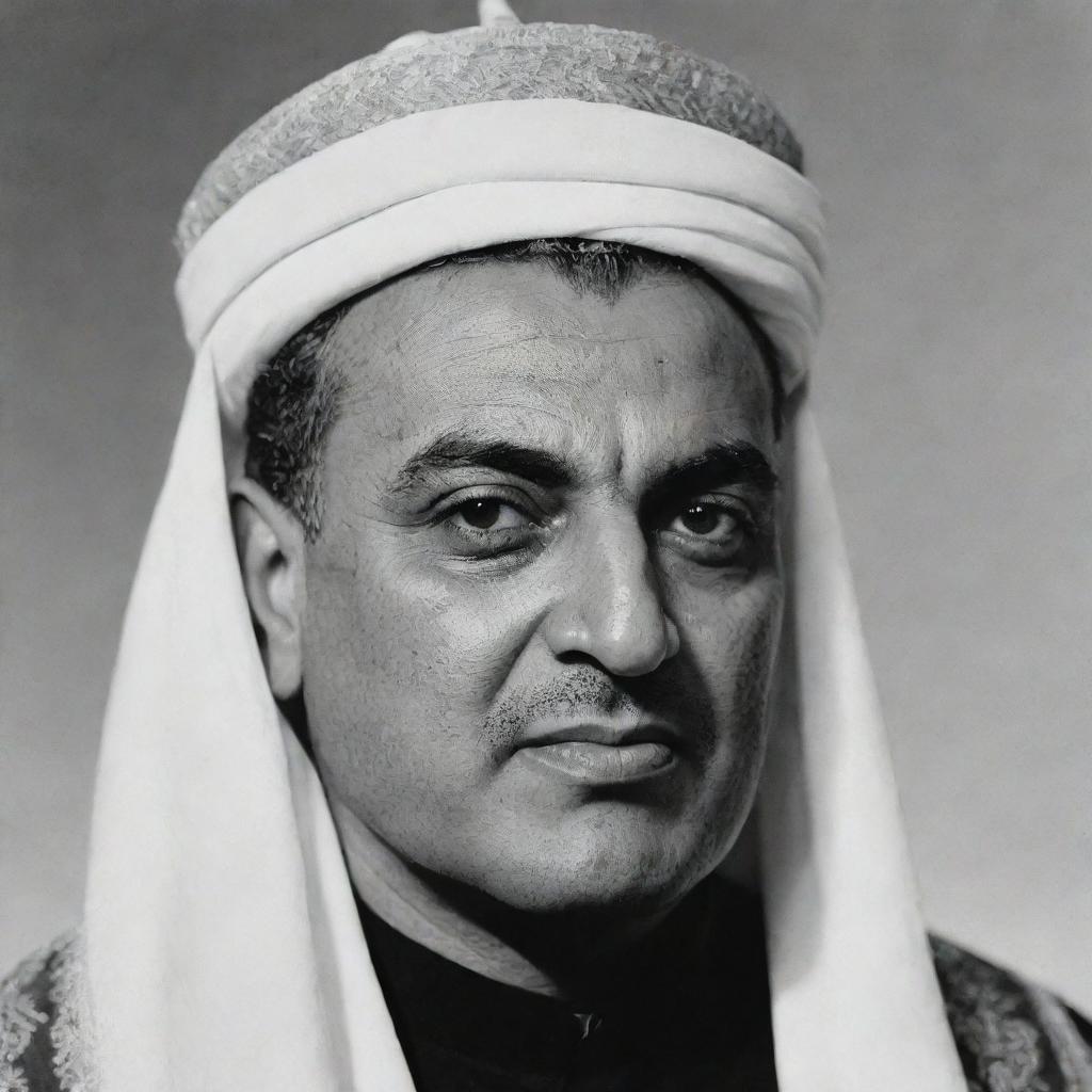 A high-quality, black and white image of Gamal Abdel Nasser depicted as a Mullah, dressed in traditional Islamic clerical attire.