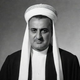 A high-quality, black and white image of Gamal Abdel Nasser depicted as a Mullah, dressed in traditional Islamic clerical attire.